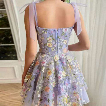 Floral Elegance Suspender Dress with 3D Petal Accents - Très Elite
