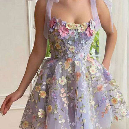 Floral Elegance Suspender Dress with 3D Petal Accents - Très Elite