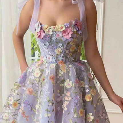 Floral Elegance Suspender Dress with 3D Petal Accents - Très Elite