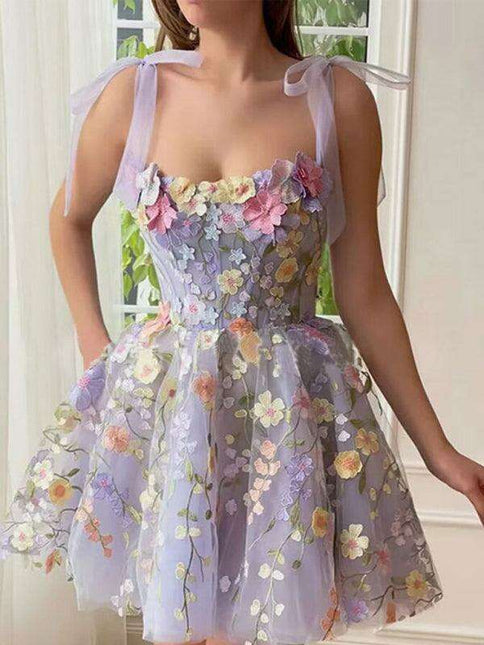 Floral Elegance Suspender Dress with 3D Petal Accents