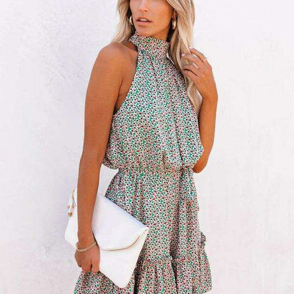 Floral Elegance Wood Ear Halter Neck Dress for Effortless Chic