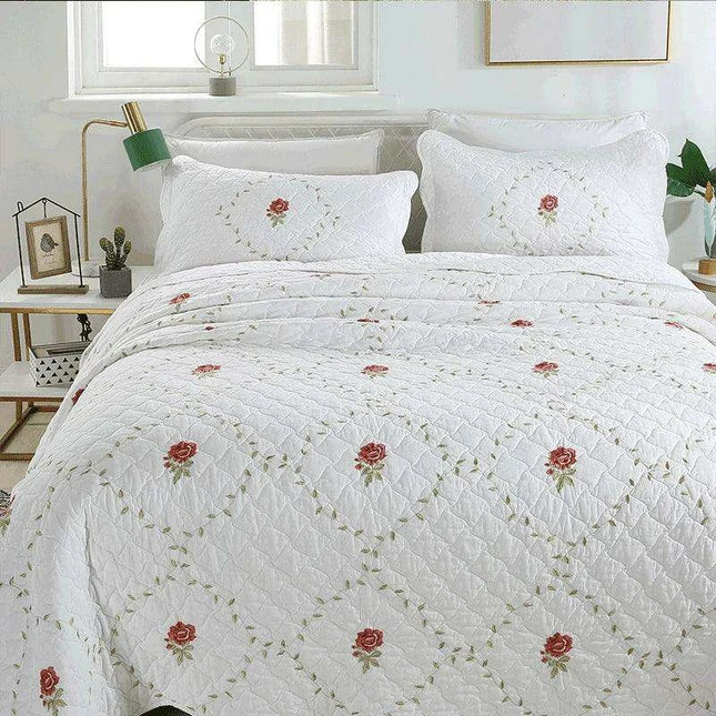 Floral Embroidered Oversized Queen Cotton Bedspread Set with Pillow Shams