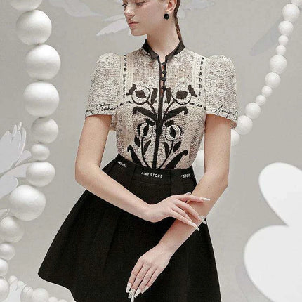 Floral Embroidery Lace Top and Pleated Skirt Set - Très Elite
