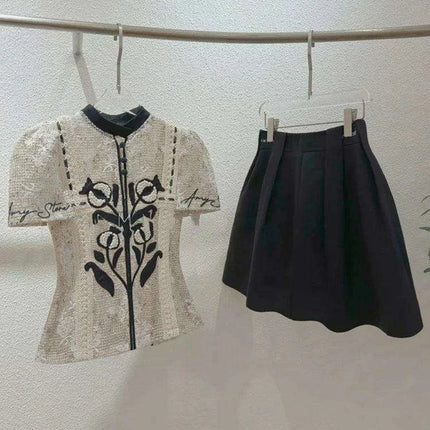 Floral Embroidery Lace Top and Pleated Skirt Set - Très Elite