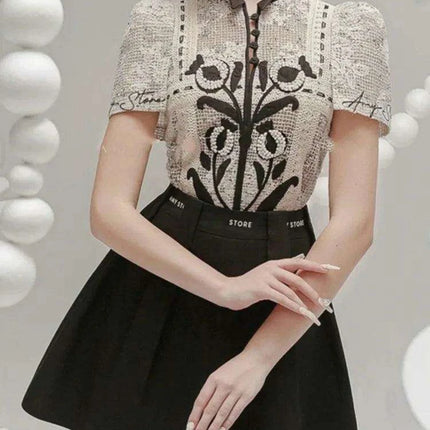 Floral Embroidery Lace Top and Pleated Skirt Set - Très Elite