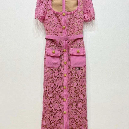 Floral Lace Midi Mini Dress for Women - Spring/Summer Collection, Short Sleeve, Single Breasted, Perfect for Bridesmaids - Très Elite