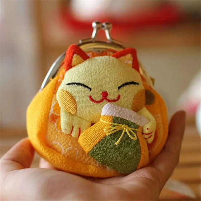 Floral Maneki Neko Coin Purse - Japanese Lucky Cat Wallet for Everyday Elegance