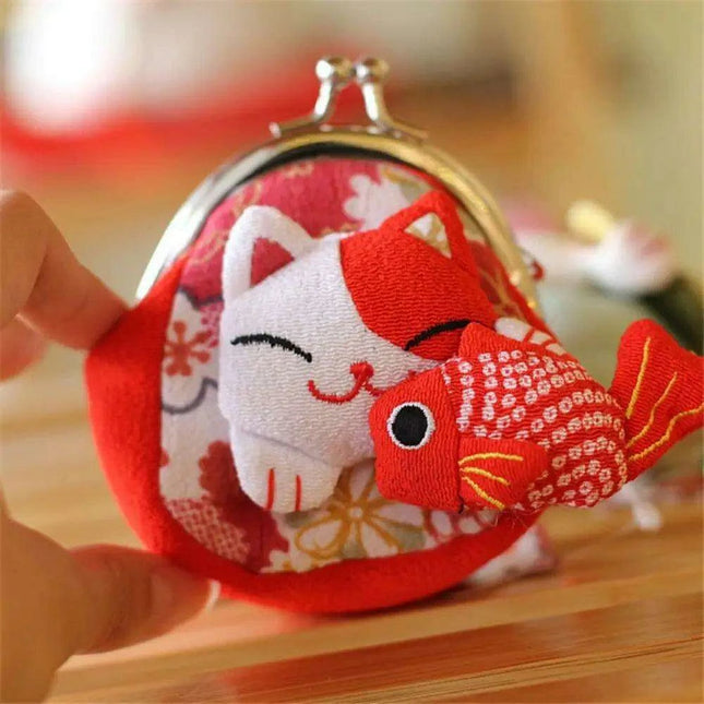 Floral Maneki Neko Coin Purse - Japanese Lucky Cat Wallet for Everyday Elegance