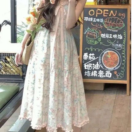 Floral Midi Dress with Adorable Bow - Trendy Korean Style Casual Evening Outfit for Women - Très Elite