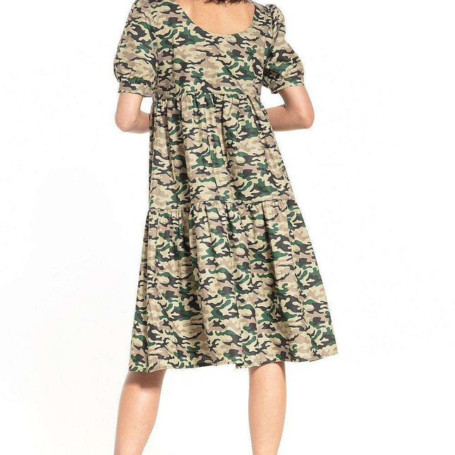 Floral Midi Dress with Elegant Boat Neck and Trendy Puff Sleeves
