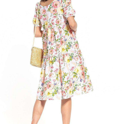 Floral Midi Dress with Elegant Boat Neck and Trendy Puff Sleeves - Très Elite