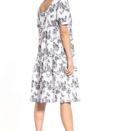 Floral Midi Dress with Elegant Boat Neck and Trendy Puff Sleeves - Très Elite