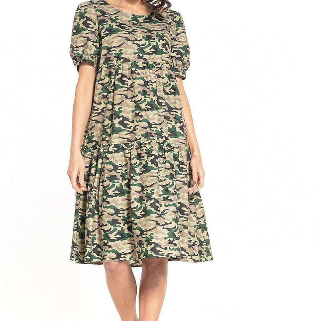 Floral Midi Dress with Elegant Boat Neck and Trendy Puff Sleeves