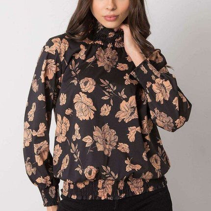 Floral Navy Blue Camel Long Sleeve Blouse Italy Moda - Très Elite