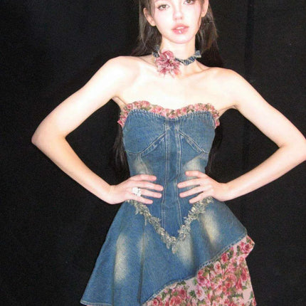 Floral Patchwork Denim Shift Dress - Must-Have Korean Summer Style - Très Elite