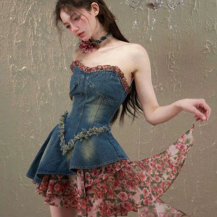 Floral Patchwork Denim Shift Dress - Must-Have Korean Summer Style - Très Elite