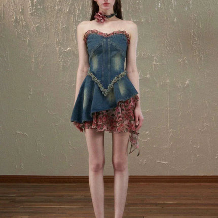 Floral Patchwork Denim Shift Dress - Must-Have Korean Summer Style - Très Elite