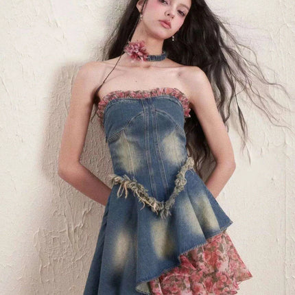 Floral Patchwork Denim Shift Dress - Must-Have Korean Summer Style - Très Elite
