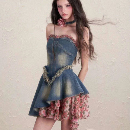 Floral Patchwork Denim Shift Dress - Must-Have Korean Summer Style - Très Elite