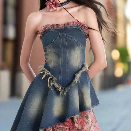 Floral Patchwork Denim Shift Dress - Must-Have Korean Summer Style