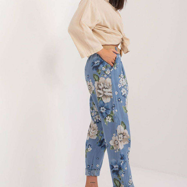 Floral Print High Waist Cotton Trousers With Adjustable Belt
