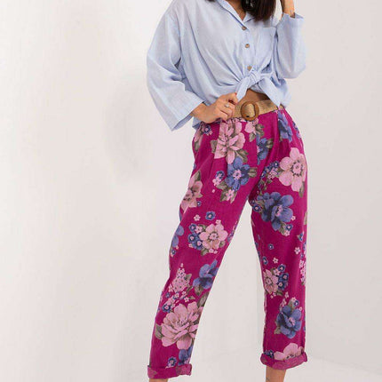 Floral Print High Waist Cotton Trousers With Adjustable Belt