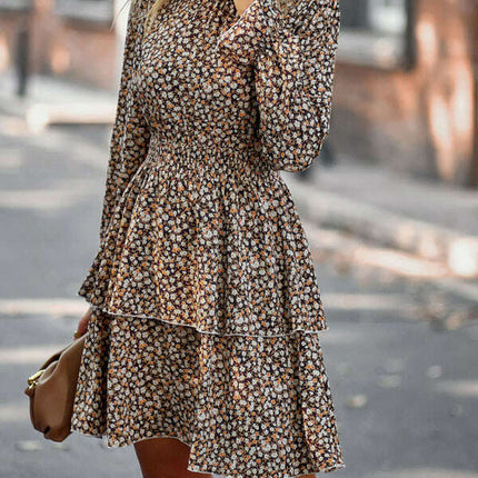 Floral Print Long Sleeve Ruffle Vacation Dress - Très Elite