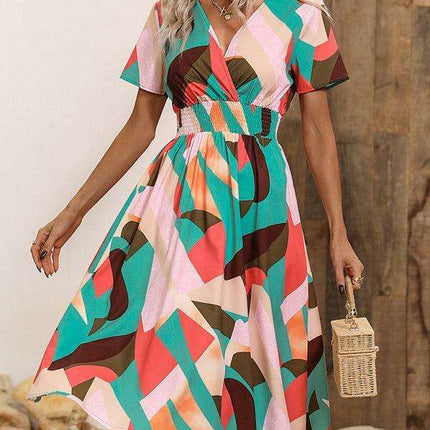 Floral Print V-Neck Summer Dress with Short Sleeves