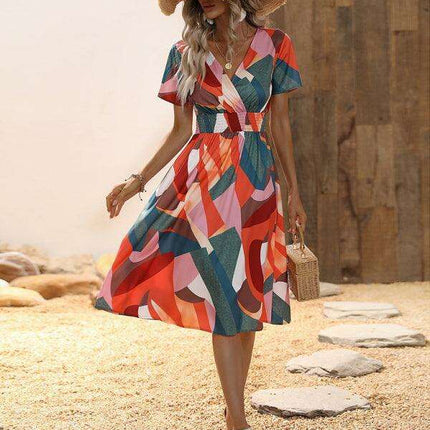 Floral Print V-Neck Summer Dress with Short Sleeves - Très Elite