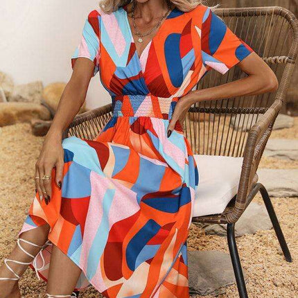 Floral Print V-Neck Summer Dress with Short Sleeves - Très Elite