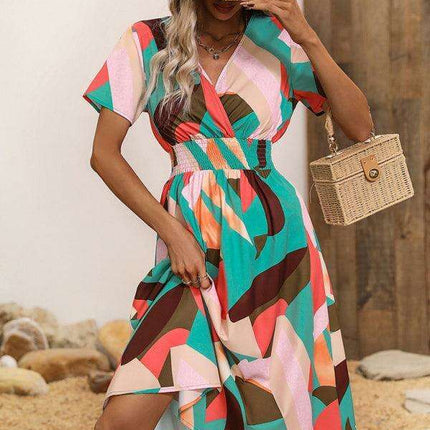 Floral Print V-Neck Summer Dress with Short Sleeves - Très Elite