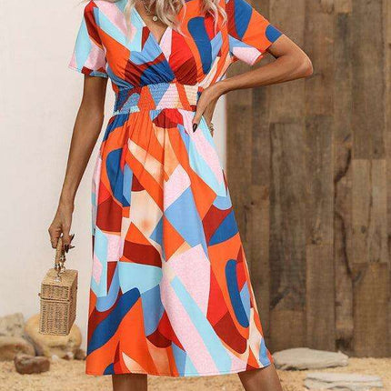 Floral Print V-Neck Summer Dress with Short Sleeves