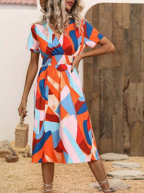 Floral Print V-Neck Summer Dress with Short Sleeves