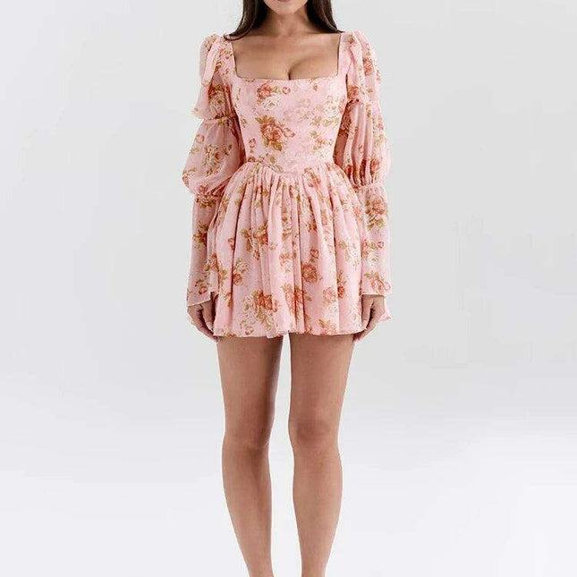Floral Ruffled Puff Sleeve Backless Mini Dress for Women - Chic Party Clubwear