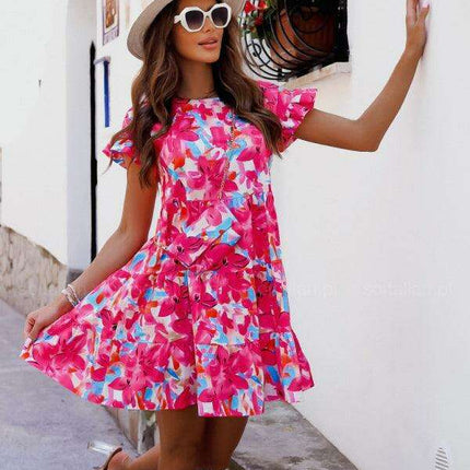 Floral Trumpet Sleeve Dress with Asymmetrical Hem - Effortless Chic for Any Event