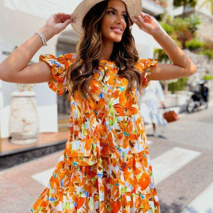 Floral Trumpet Sleeve Dress with Asymmetrical Hem - Effortless Chic for Any Event