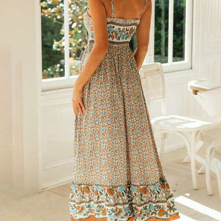 Floral V-Neck Swing Dress with Adjustable Suspender Straps - Très Elite