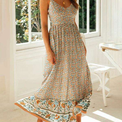 Floral V-Neck Swing Dress with Adjustable Suspender Straps - Très Elite