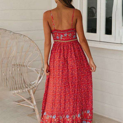 Floral V-Neck Swing Dress with Adjustable Suspender Straps - Très Elite