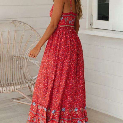 Floral V-Neck Swing Dress with Adjustable Suspender Straps - Très Elite