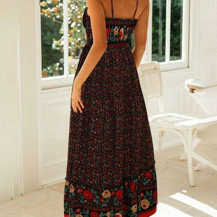 Floral V-Neck Swing Dress with Adjustable Suspender Straps - Très Elite