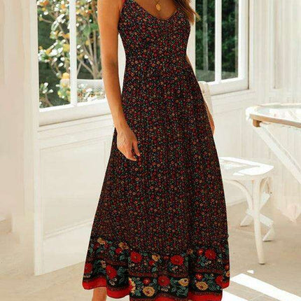 Floral V-Neck Swing Dress with Adjustable Suspender Straps - Très Elite