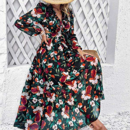 Floral V-neck Ruffled Design Dress - Chic Women's Spring-Summer Essential - Très Elite