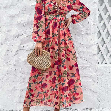 Floral V-neck Ruffled Design Dress - Chic Women's Spring-Summer Essential - Très Elite