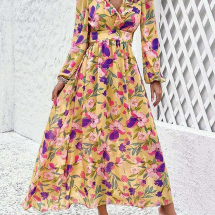 Floral V-neck Ruffled Design Dress - Chic Women's Spring-Summer Essential