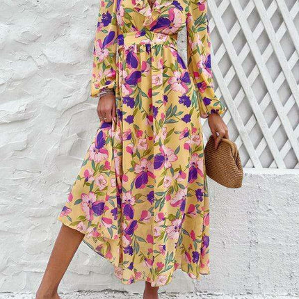 Floral V-neck Ruffled Design Dress - Chic Women's Spring-Summer Essential - Très Elite