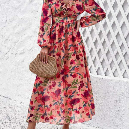 Floral V-neck Ruffled Design Dress - Chic Women's Spring-Summer Essential
