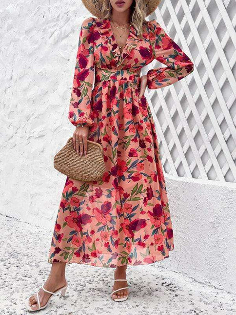 Floral V-neck Ruffled Design Dress - Chic Women's Spring-Summer Essential