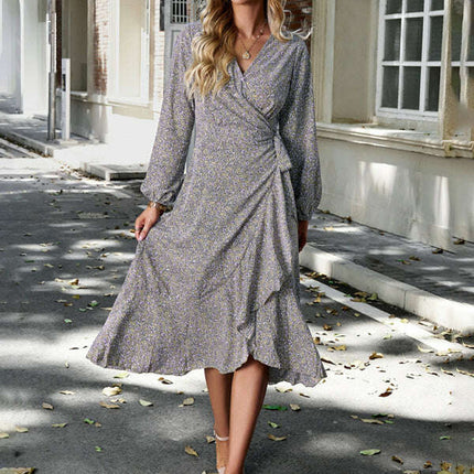 Floral wrap casual resort style strappy full skirt dress - Très Elite