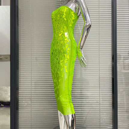Fluorescent Green Sequin Triangle Midi Bodycon Gown - Très Elite